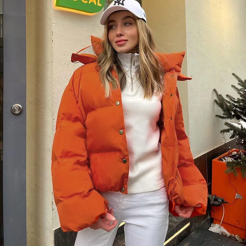 

puff jacket High Quality Button Hoodie Maillot Stand Up Collar Bubble Jacket Solid Puffer Down Women Female Coat