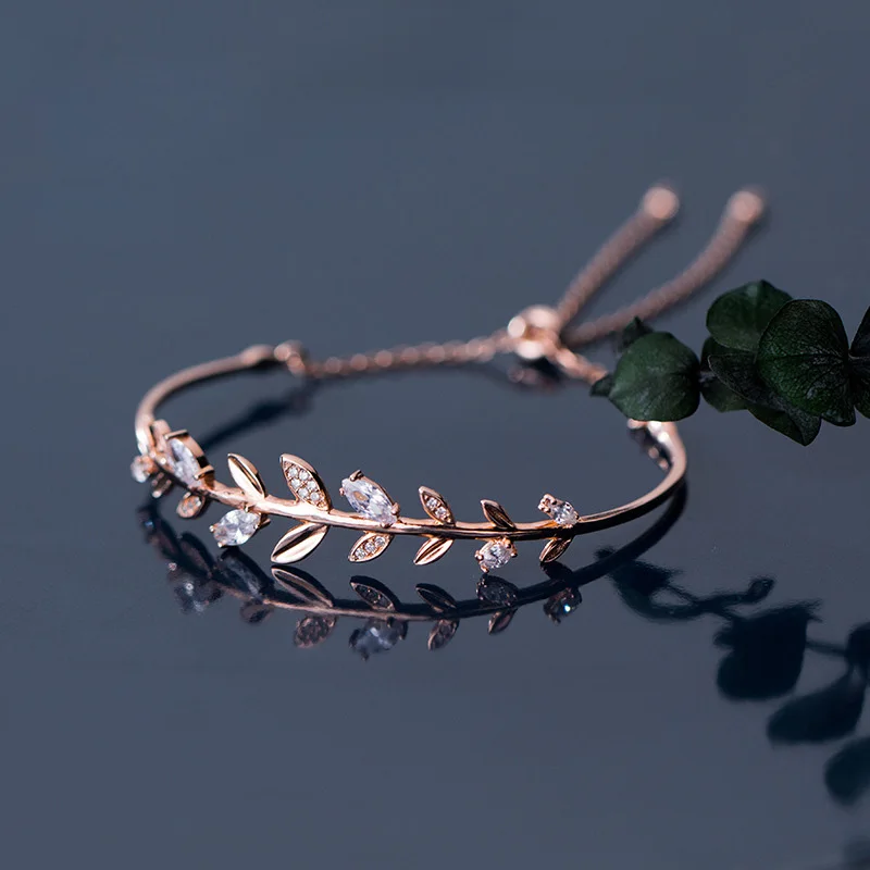 

925 Sterling Silver Zircon Leaves Shape Adjustable Bracelets & Bangles For Women Fine Jewelry