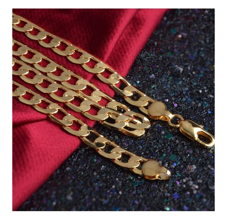 

2021 Men 18K Gold Plated Necklace 6mm Width Chain Fashion Fine Necklace Bracelet Unisex Chain Jewelry Set