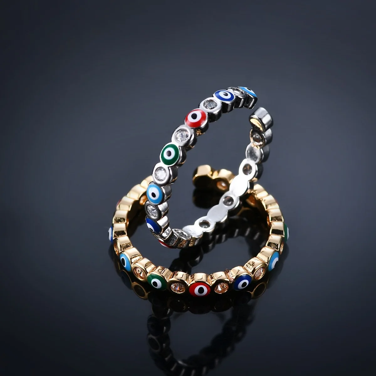 

Adjustable Gold Plated Open Color Enamel Micro Insert Evil Eye Rings Women