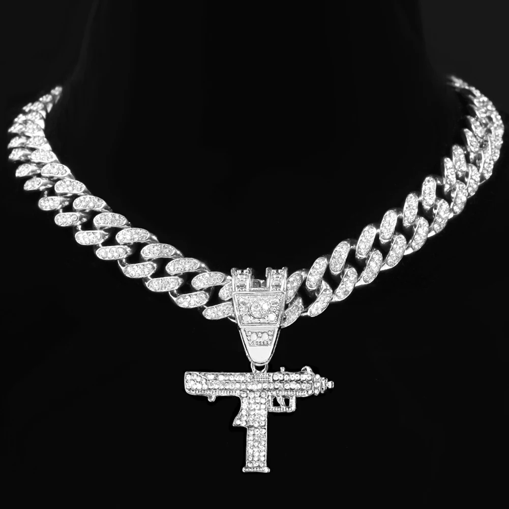 

Trendy Hot Sale Punk Hiphop Gun Necklace Stainless Steel Cuban Link Crystal Tennis Chain Charm Necklace Jewelry For Women Men, Gold sliver color