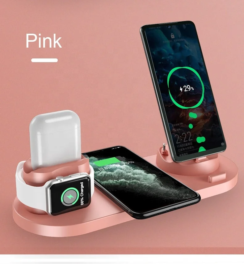 

15W 10W portable fast mobile phone chargers stand magnetic qi 6 in 1 wireless charger pad for iphone for airpod, Black/white/pink