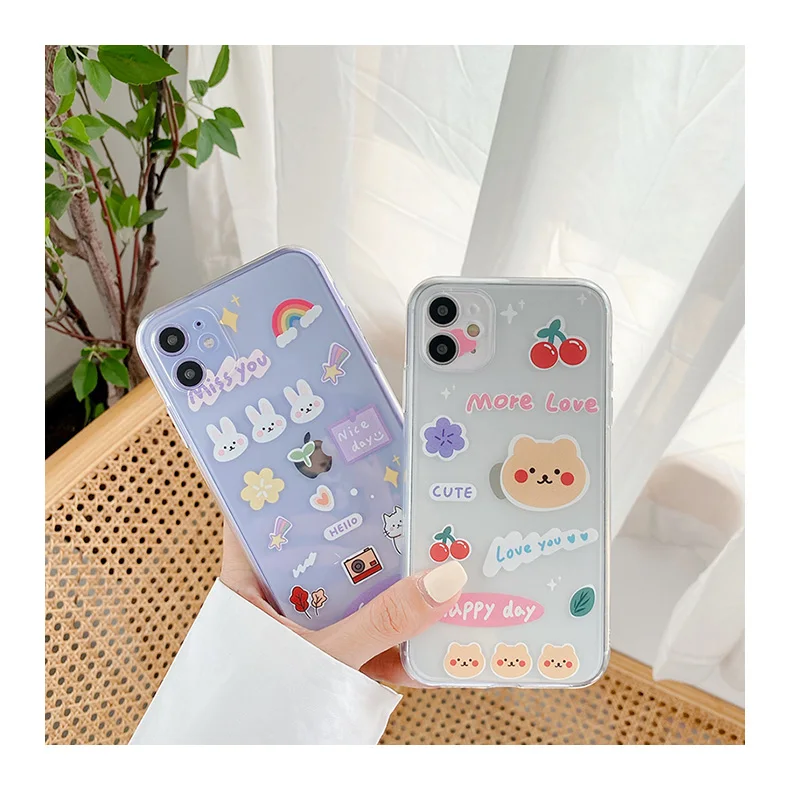

For iPhone 12 case 12 Pro Max 11 pro Xs 7 8 Cute Clear Bear Bunny Rainbow Shell Cover Case