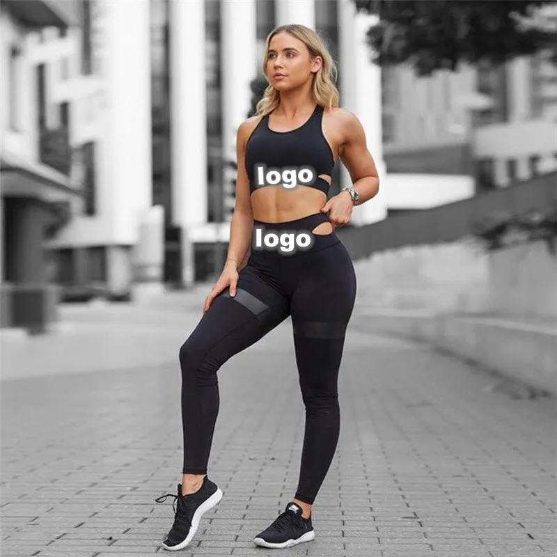 

Women's Hollow Out Set fall High Waist Stripe leggings elastic Fitness Two Pieces Yoga Set Sportwear, As pictures