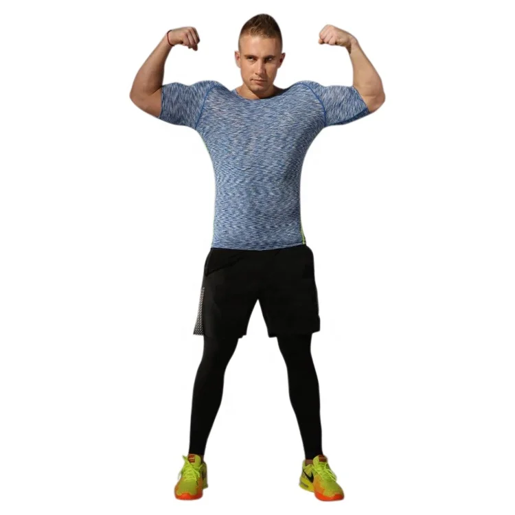 

new arrival compression sportswear men slim shaped high elastic quick dry tight gym apparel fitness durable T shirt spo, Green,grey,pink,blue