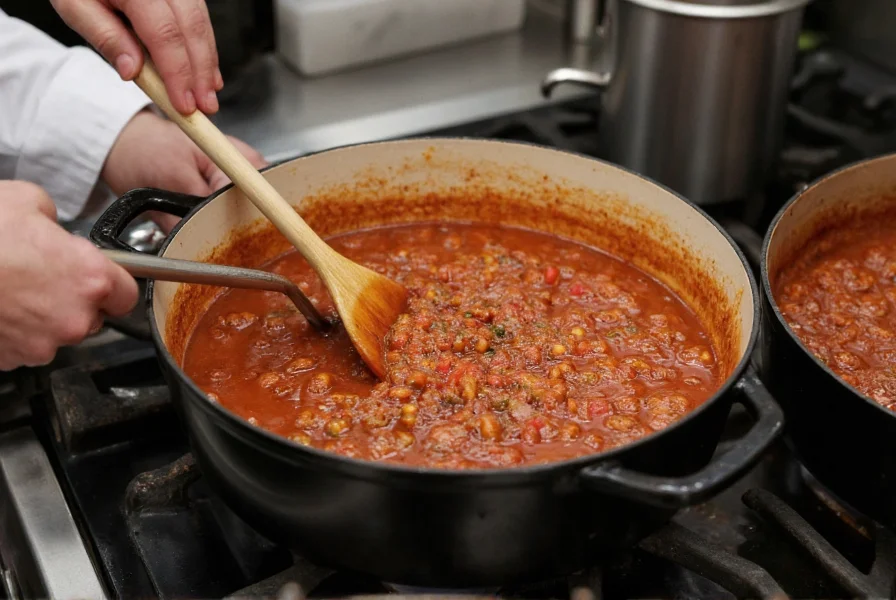 Professional chef stirring a large pot of chili on industrial stove showing proper simmering technique