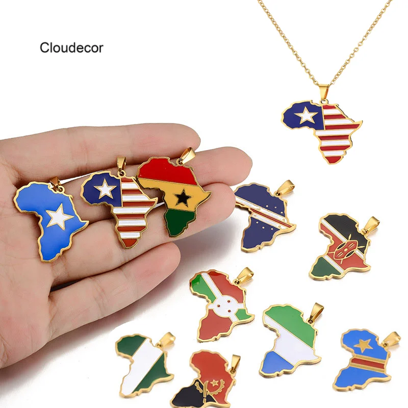 

Stainless Steel Necklace Jewelry Nigeria Ghana Kenya Congo Somalia Ghana Cape Verde Flag Enamel Pendant African Map Necklace, 18k gold plated