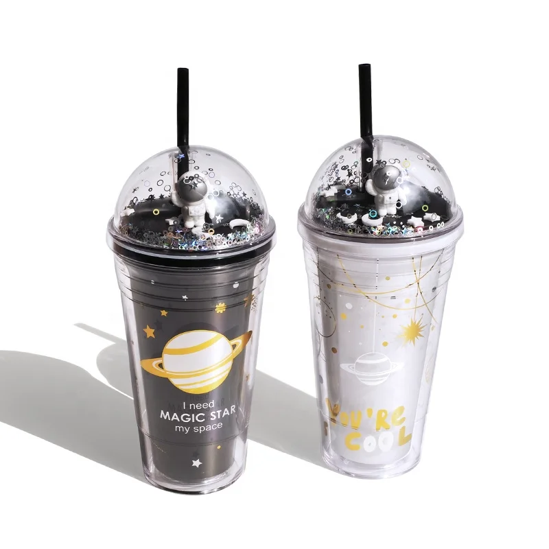 

Girlwill Astronaut Plastic Mugs With Dome Lids And Straws Tumbler Cups Wholesale Custom Logo Supports Sublimation & Silkscreen, Interstellar black & interstellar white
