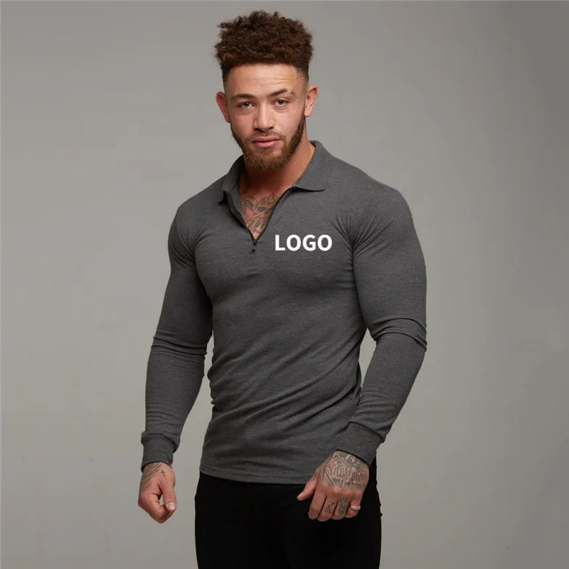 

Vedo Fitness Tshirt Custom Logo Cotton Long Sleeve 1/4 Zip Workout Clothing Tight Polo Muscle Shirt For Men