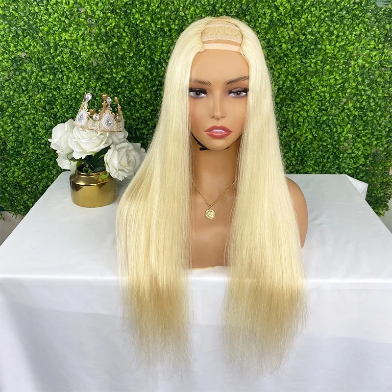 

New Arrival Silky Straight 2*4 Cambodian U Part Wig Blonde 18inch Virgin Human Hair U Part Wig White Women Lace Wigs