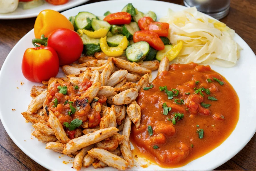 Colorful presentation of bell pepper sauce served with various food pairings including grilled chicken, roasted vegetables, and pasta