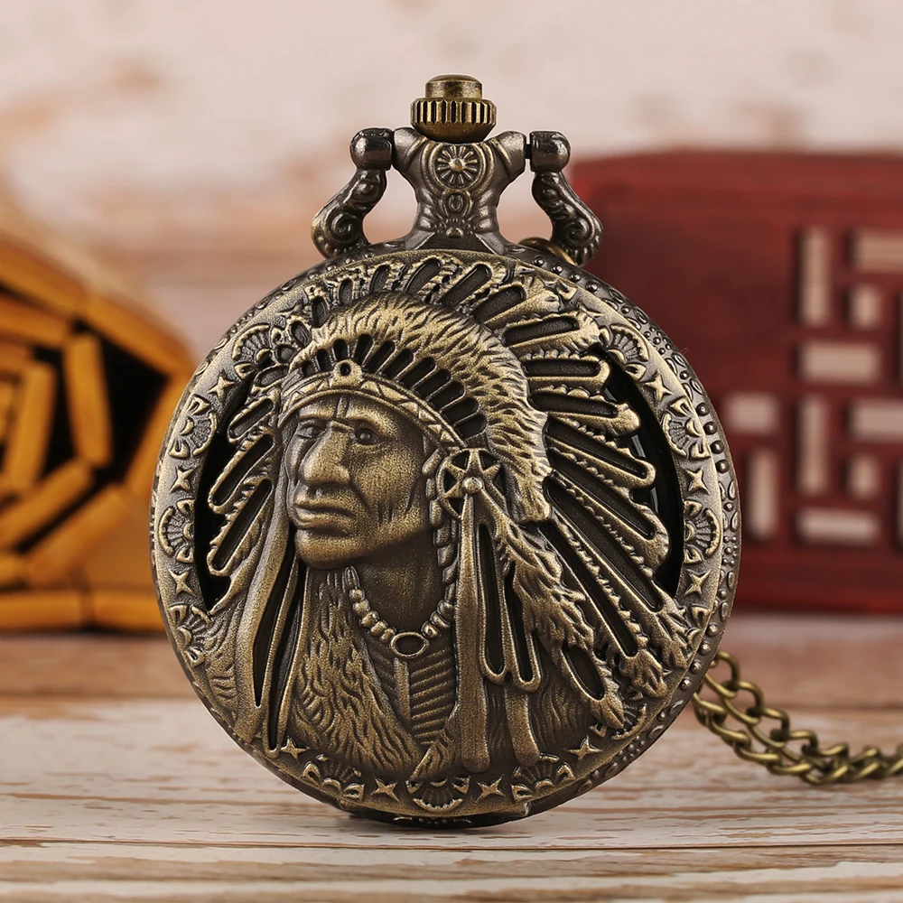 

Retro Bronze Pendant Necklace Watch Fob Watch Antique Indian Old Man Portrait Design Quartz Pocket Watch (KWT2213), As the picture