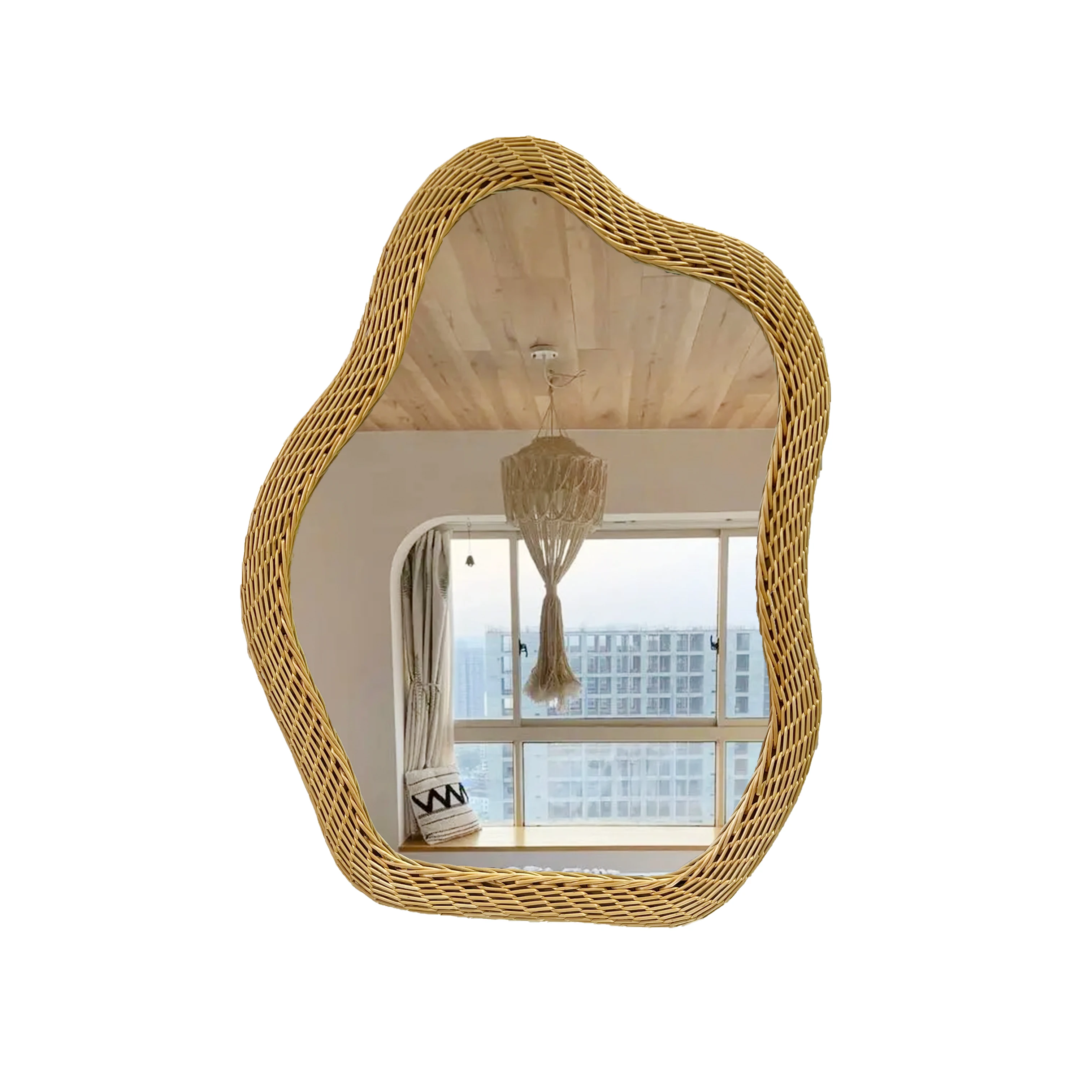 71x51cm Guest House Living Room Porch Bedroom Special-Shaped Hanging Mirror Natural Rattan Woven Simple Modern Decorative Mirror