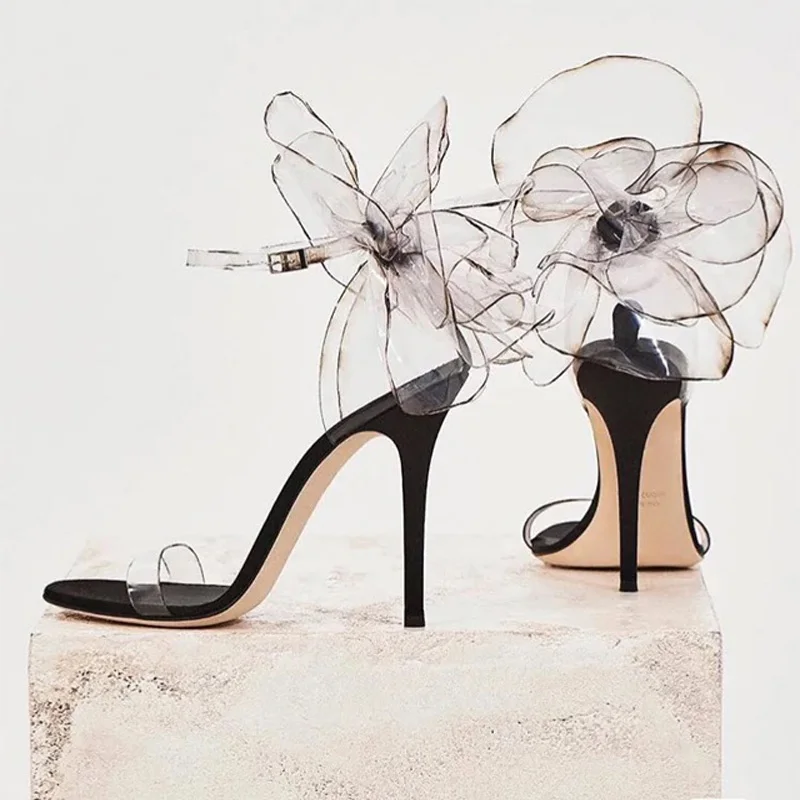 

New design Plastic transparent flower unique Women's high heel Sandals wedding Open toe narrow strap ladies shoes