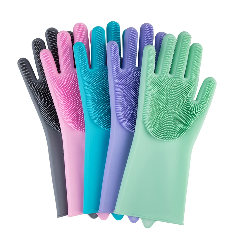 

Amazon hot sell Food Grade Silicone Rubber Heat Resistant Brush Magic Scrubber Household Washing Cleaning Dishwashing Gloves, Customized