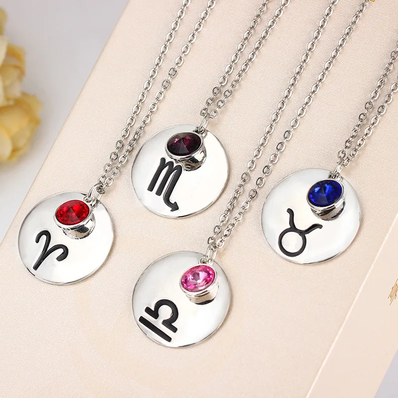 

Hot Sale 12 Zodiac Pendant Necklace Stainless Steel 12 Constellations Necklace With Birth Stone, As picture show