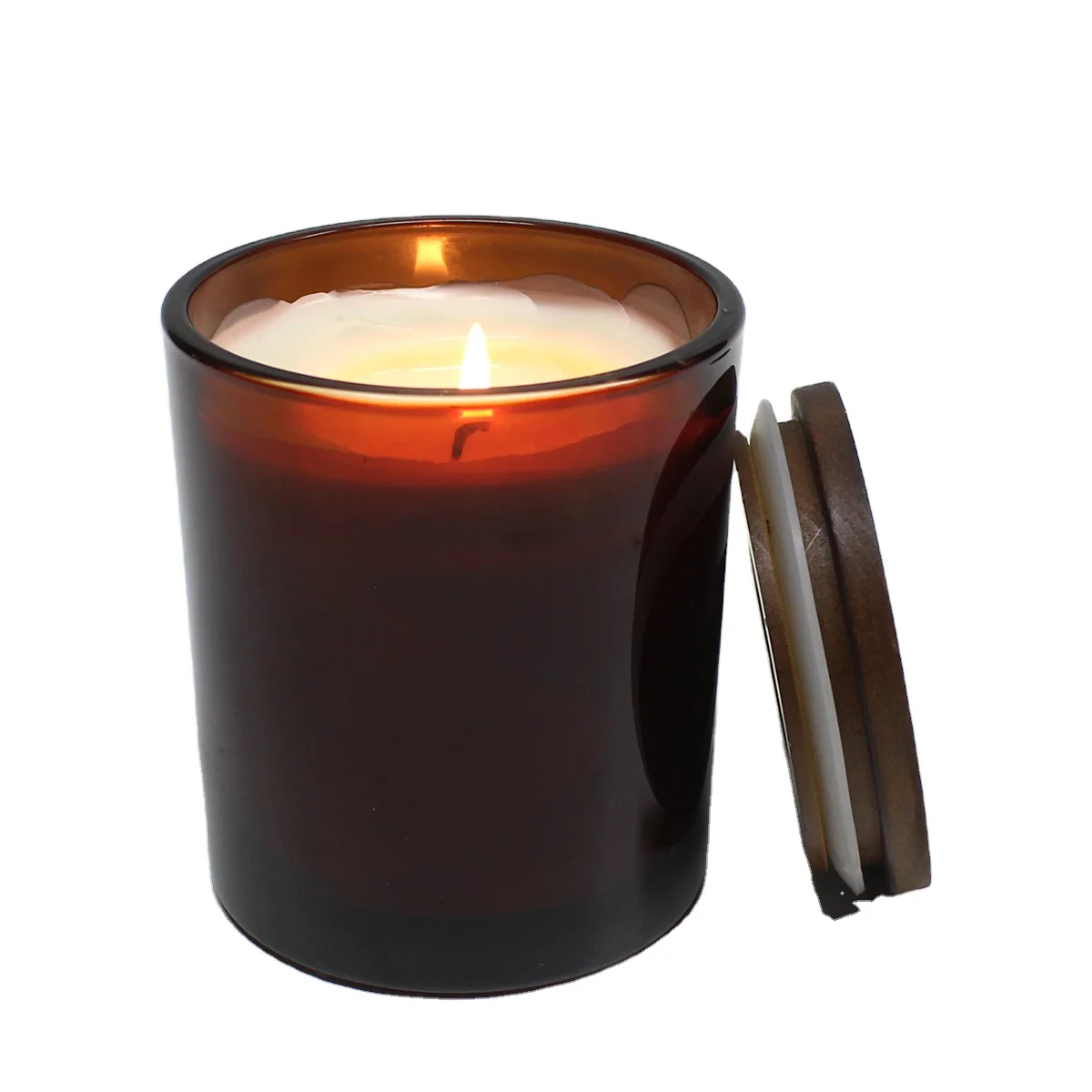 

Luxury Vintage Gloss Amber Glass Candle Jar With Wooden Lid Custom Coating Amber Brown Colored Candle Vessels For Candle Making