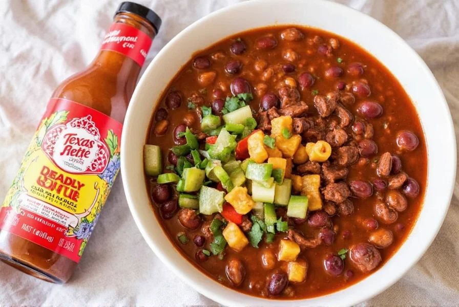 Texas Pete hot sauce bottle next to bowl of beef chili with beans and toppings