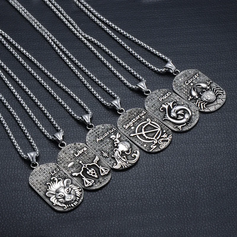 

Trendy Zodiac Necklace Stainless Steel Pendant Necklaces Patron Saint Black Zircon Paved Gothic Fashion Jewelry 2021