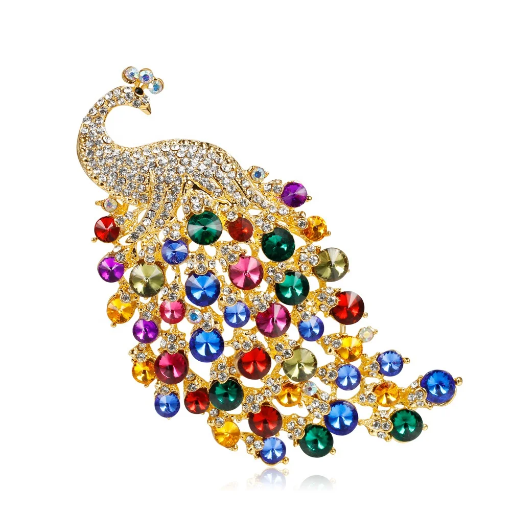 

XILIANGFEIZI Hot Sale Jewelry Large Size Colorful Crystal Alloy Rhinestone Woman Animal Peacock Brooches, Picture