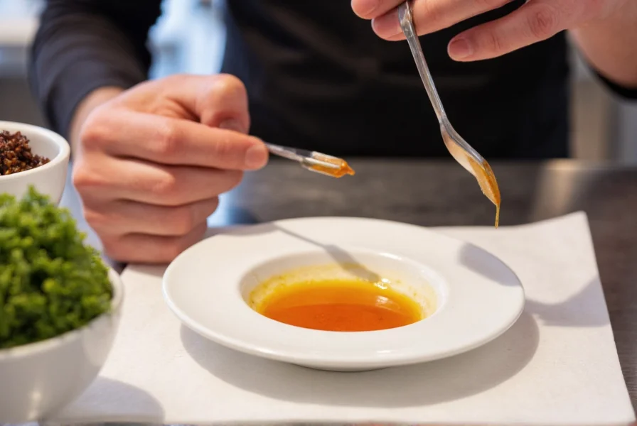 Chef carefully measuring tiny amount of scorpion pepper puree into sauce with precision dropper