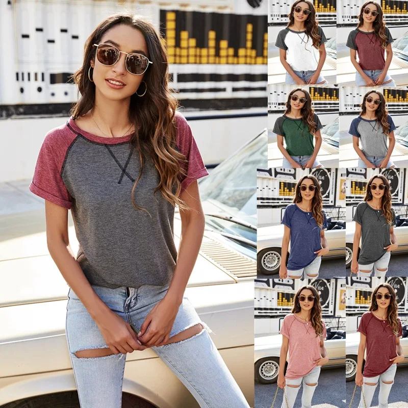 

Euro 2021 new hot style color matching collar cross short sleeve blouse loose T-shirt women, Picture