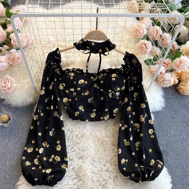 

Spring Women's Korean Style Elegant Sweet Floral Long Puff Sleeve Blouse Halter Ruffle Casual Loose Cropped Tops Lady, Black/yellow/pink/white