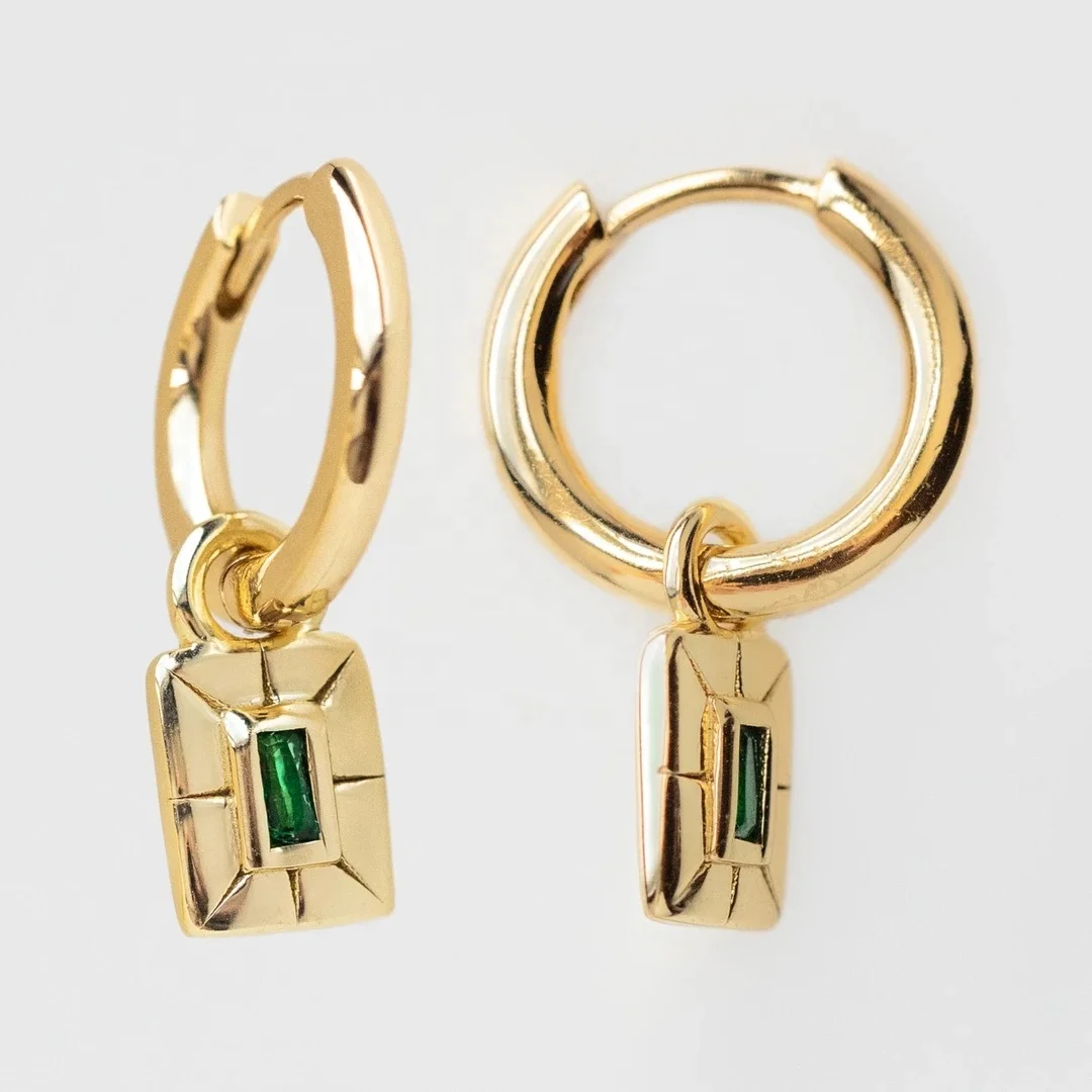 

Vintage Rectangle Emerald CZ Charm Hoop Earrings 925 Sterling Silver