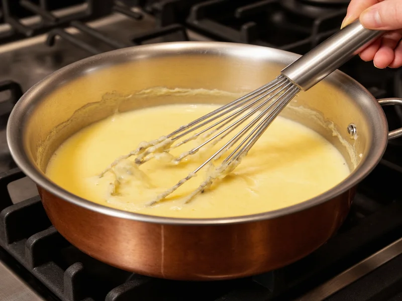 Whisking pudding mixture in copper saucepan over stove