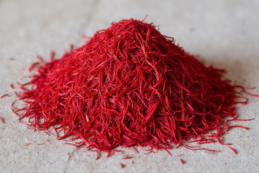 Close-up of high-quality saffron threads in glass container