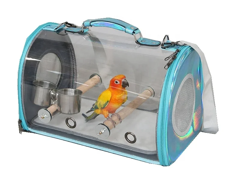 

2020 transparent bird carrier tote sling bag cage with food clip cups parrot travel with pine wood perch, Customized