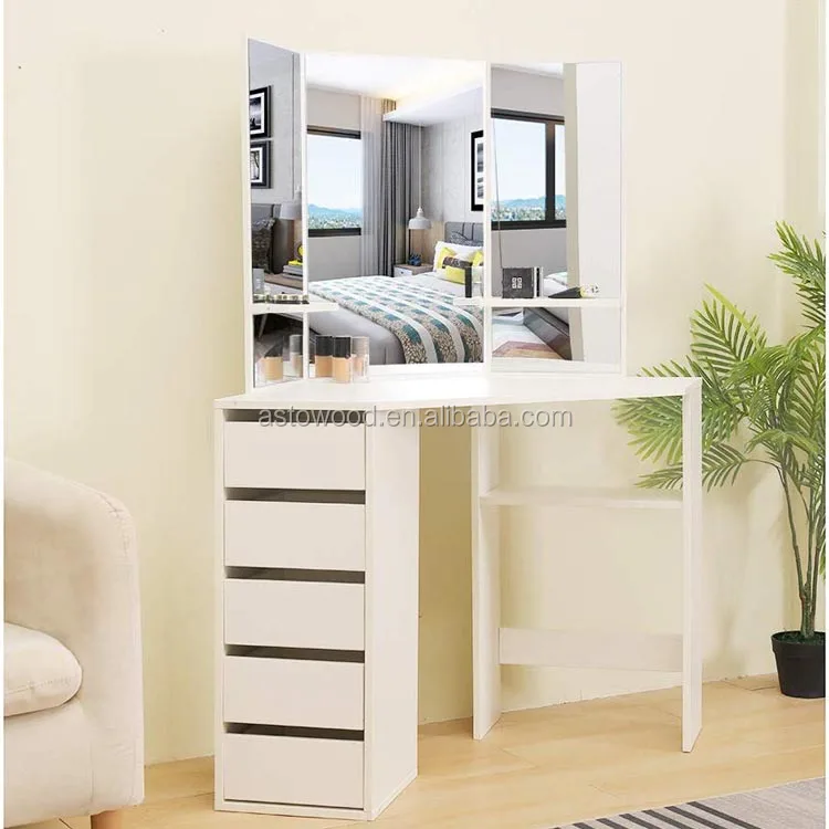 Corner Dressing Table Mirror Set Wooden Vanity 5 Drawers Makeup