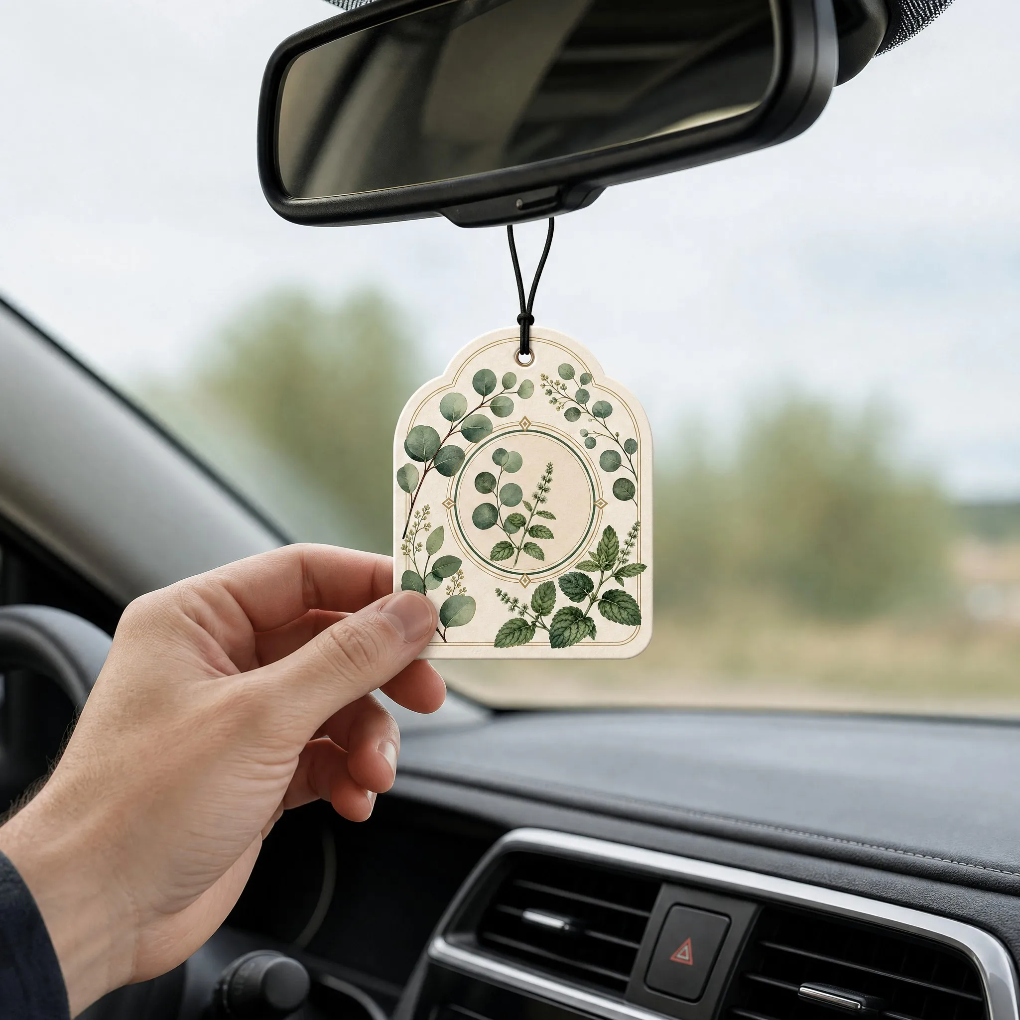 Botanical Herbal Air Freshener Hanging in Car from Rearview Mirror Lifestyle Context