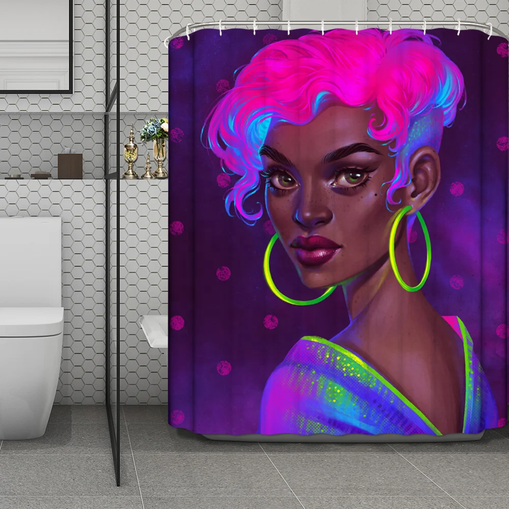 

Hot Black African American Girl Bathroom Waterproof Shower Curtain 4pcs Sets With Non-Slip Rug Toilet Lid Cover Bath Mat & Hooks, Custom-made