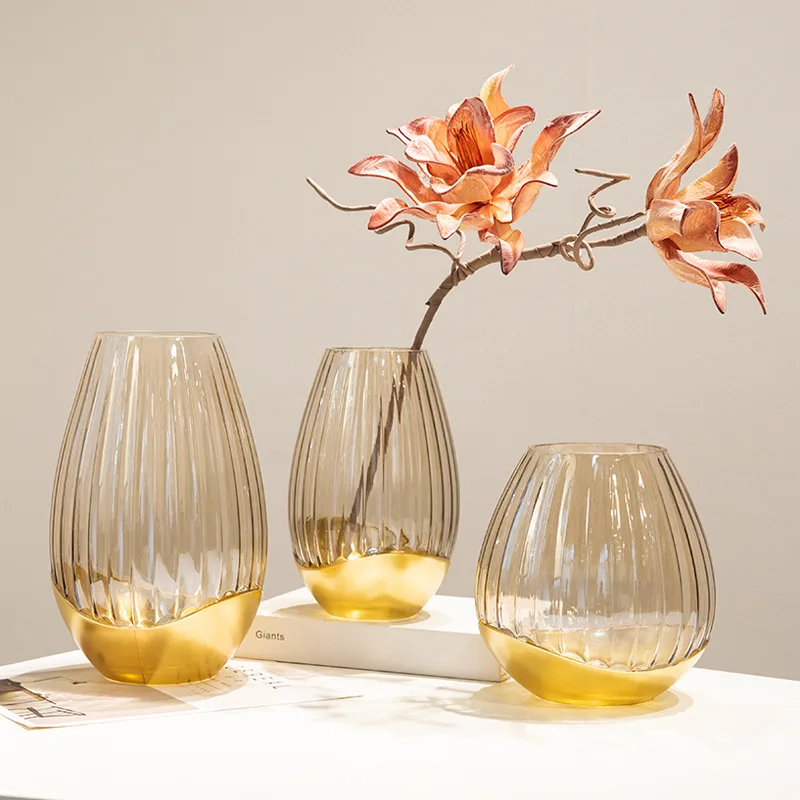Simple Striped Bottom Gold-plated Coastal Glass Vase Ornaments Creative Home Decoration Flower Vase Desktop Hydroponic