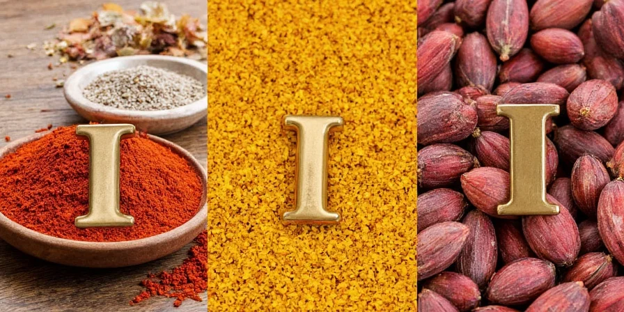 All 10 I-letter spices arranged together on a table