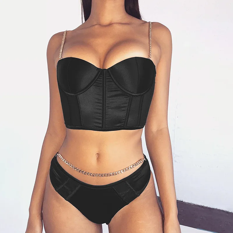 

Sexy punk cool girl backless slim fit crop top tank top with chain, Black