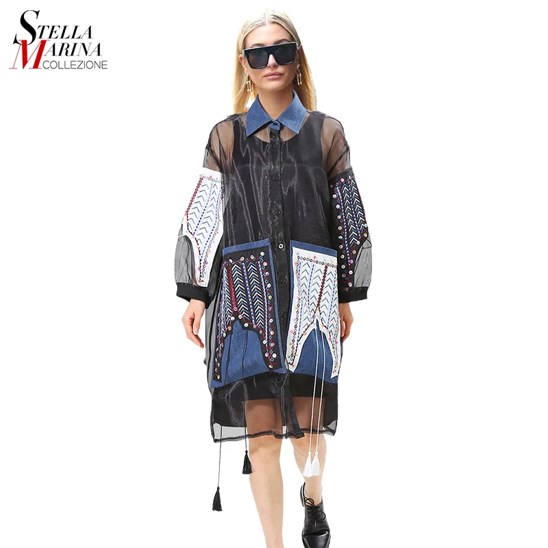 

##2019 Euro Fashion Summer Black Mesh Dress Big Pocket Long Sleeve Plus Size Female Stylish Loose Party Club Dress Midi Style