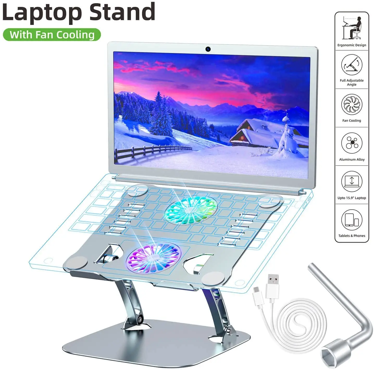 

Great Roc hot sale portable laptop holder with fan adjustable 16 inch laptop aluminum stand ergonomic laptop cooling stand mount