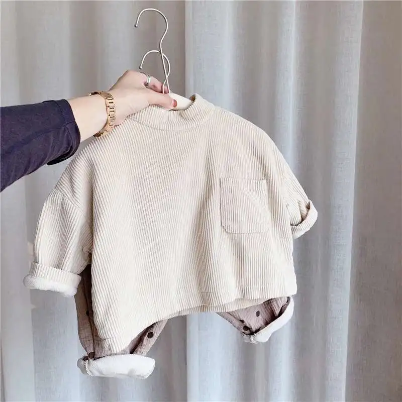 

Casual warm children pullover tops corduroy cotton fleece kids plain t shirts, As pics