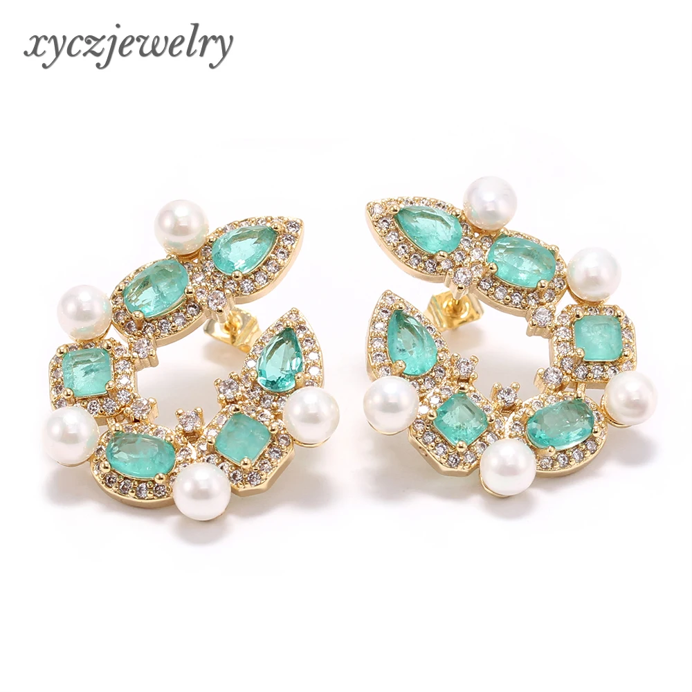 

Hot sale pearl cz stud earrings party girl luxury jewelry sweet earrings for women 2021, White,green