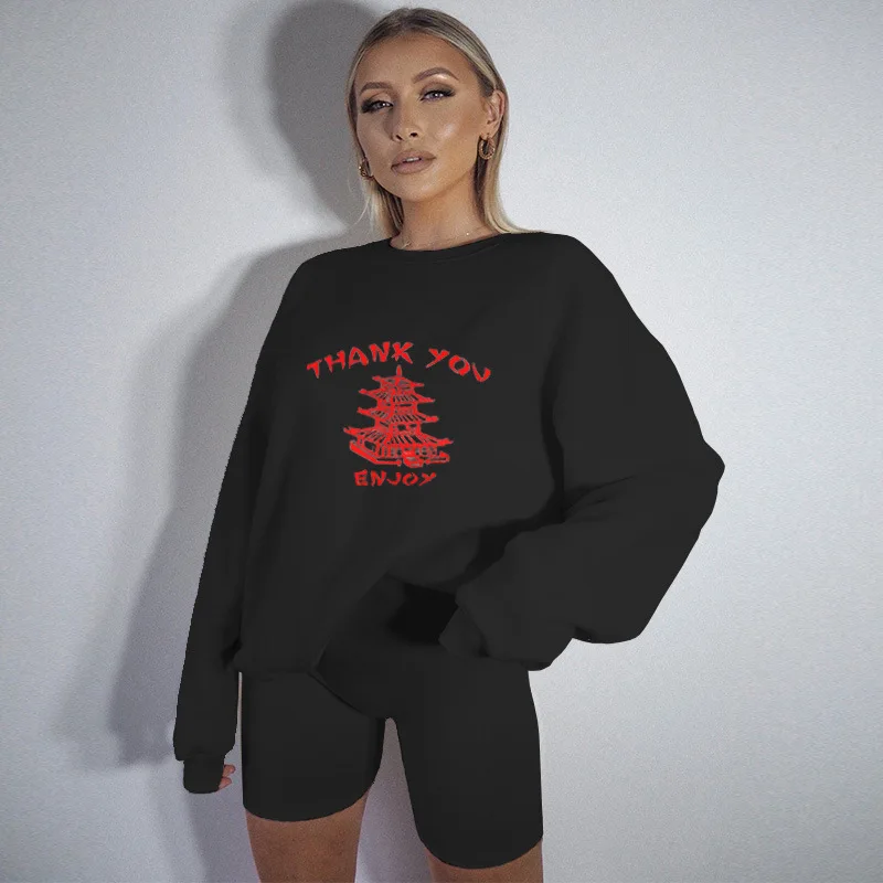 

Women's Home Casual Long-sleeved Sweatshirt Shorts Suit Loose Letters Simple Two Piece Suit, Pink, apricot