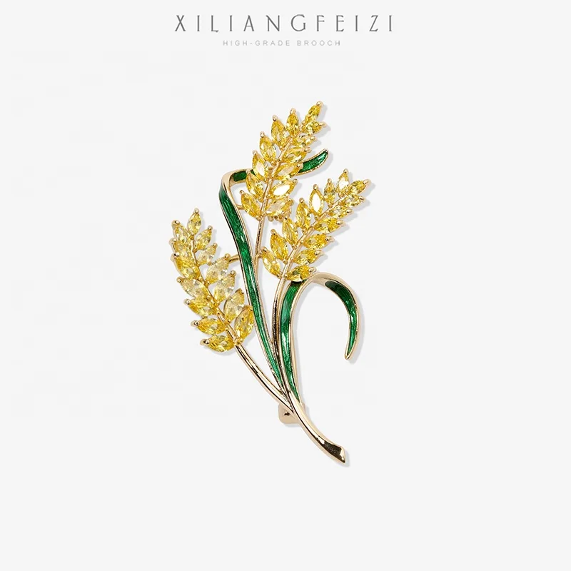 

XILIANGFEIZI Luxury Vintage Custom Zirconia Crystal Jewelry Enamel Wheat Corsage Women Wedding Saree Big Pin Plant Brooches, Gold