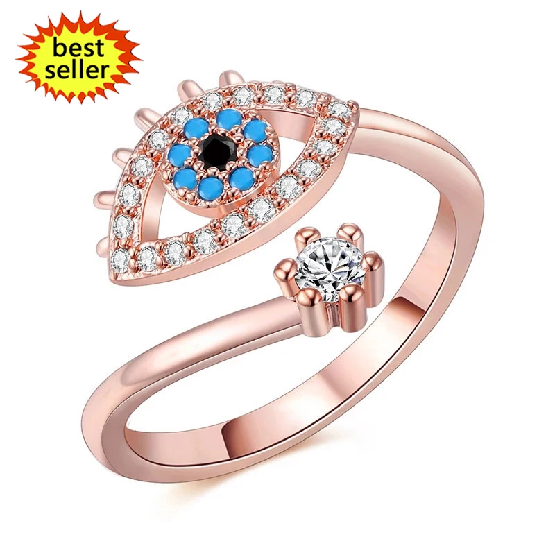 

New Style Fashion Personalized 18k Gold Plated Blue Cz Crystal Eye Finger Open Adjustable Zirconia Evil Eyes Ring, Brass