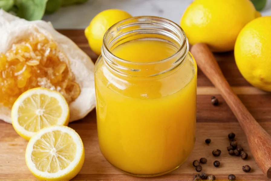 Glass jar filled with golden honey lemon pepper sauce surrounded by fresh lemons, honeycomb, and black peppercorns