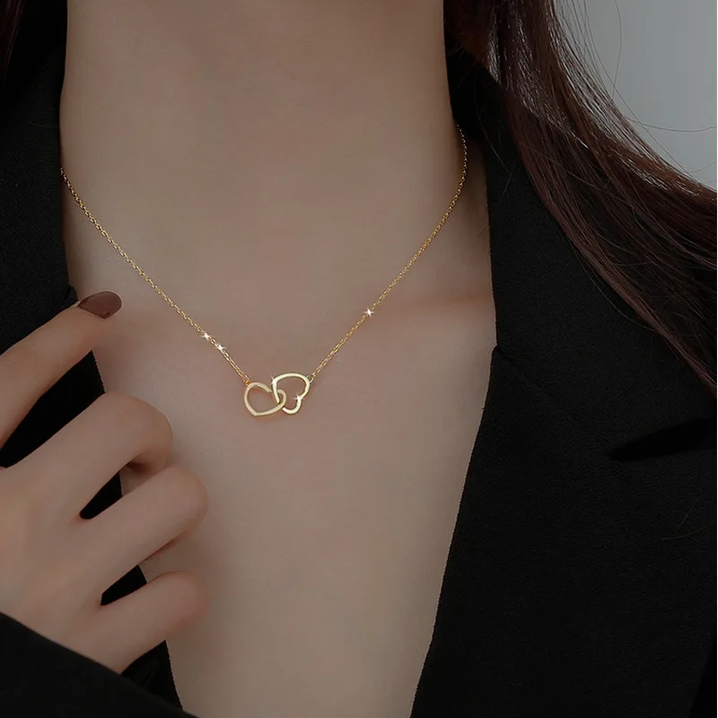 

INS Minimalism Real Gold Plated Double Love Heart Pendant Necklace Geometric Hollow Heart Necklace