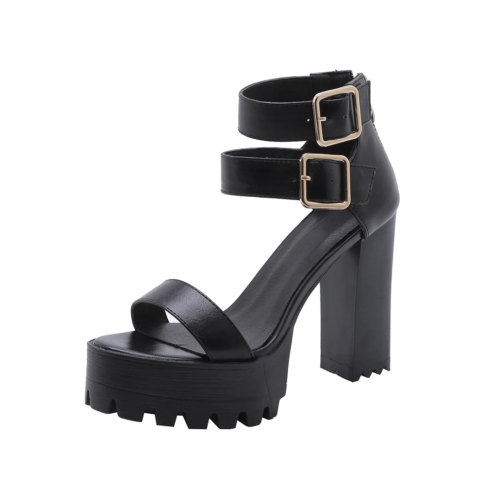 

2020 Fashion Black Belt Buckles Non-Slip Thick Heels Lady Sandals, Black,pink,ecru