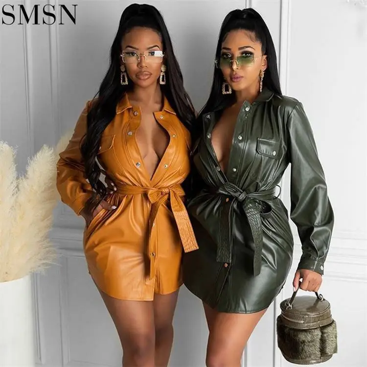 

Good Quality Solid Color Long Sleeve Belted Sexy Mini PU Leather Dresses Elegant Woman Casual Dress Office Wear