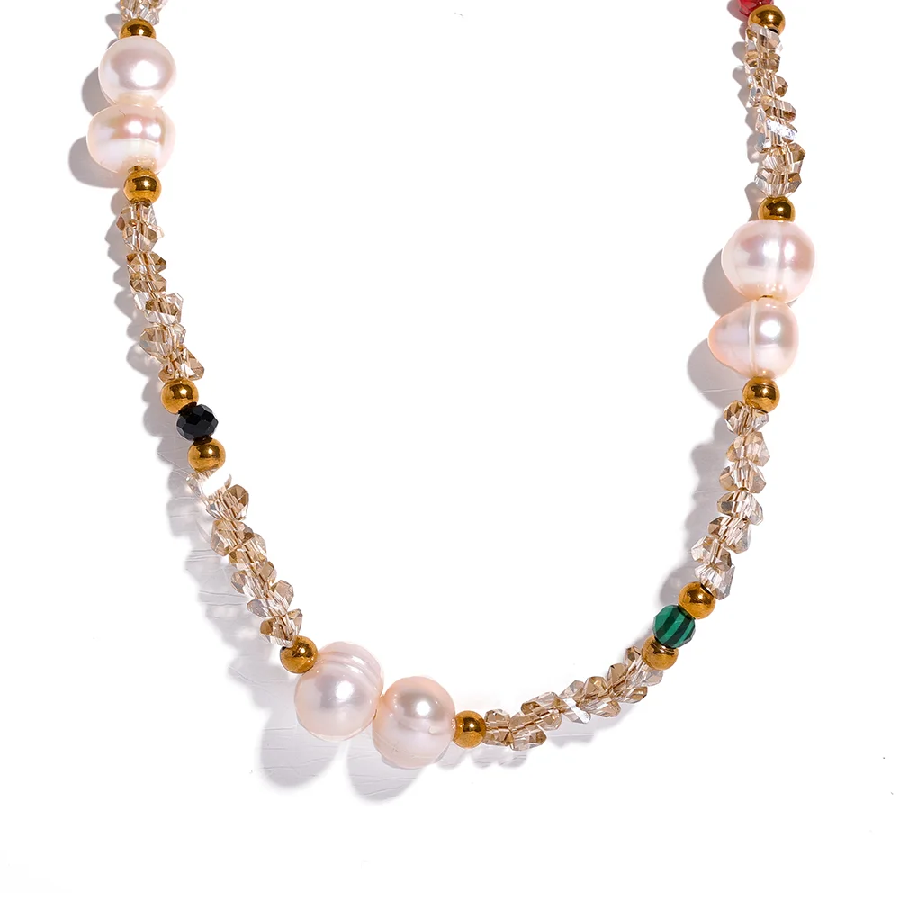 

JINYOU 1483 Handmade Stainless Steel 2023 Crystal Natural Freshwater Pearl Collar Necklace Women Sweet Fashion Summer Jewelry