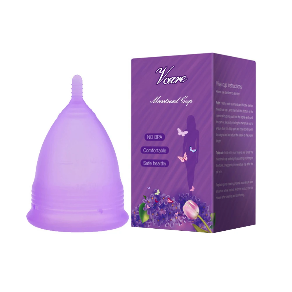 

New Packaging Soft 100% Medical Grade Organic Reusable Lady Silicone period Menstrual Cup For Women, Purple, pink, blue, green